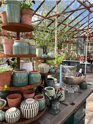 Hylder med krukker og vaser i drivhus – brugt på forsiden.
